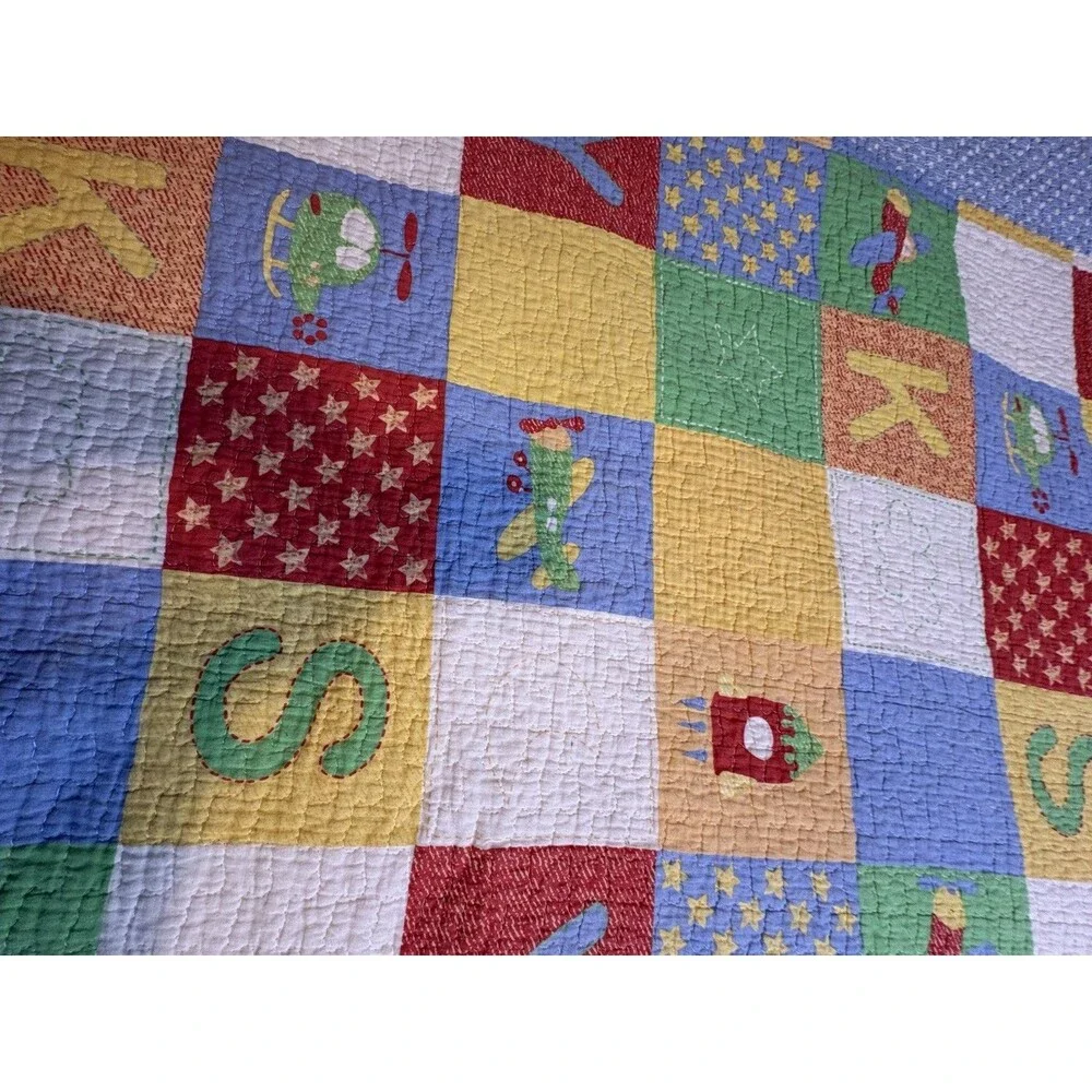 Quilt Airplane Sky Helicopter Blue Green Checkered Back Flaw 68”79” Twin